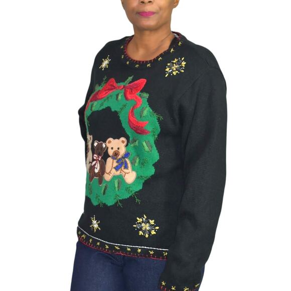 Ugly Christmas Sweater Vintage Teddy Bear Wreath Embroidery Knit Holiday Size XL - Picture 14 of 16
